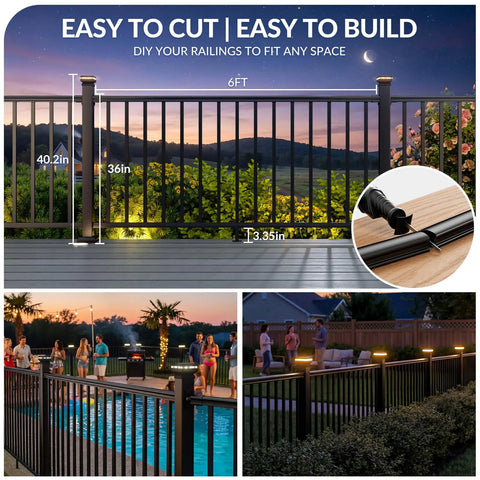 Rock Solid Modular Aluminum Deck Railing Kit With Built In Lighting 36 By 6 Feet Four Pack, easy DIY setup shown with measurements.