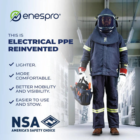 Hella Durable Cat 4 Arc Flash PPE Kit XL with face shield, coveralls, and gloves displayed in a work environment.
