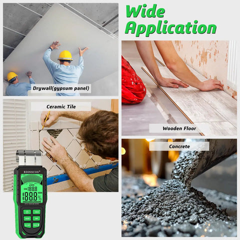No Sweat Pinless Moisture Meter For Scanning Wood Drywall And Concrete Without Holes Or Marks Working As A Non Invasive Digital Leak Detector Catching Wall Drip Early in use on drywalls, ceramic tiles, wooden floors, and concrete.