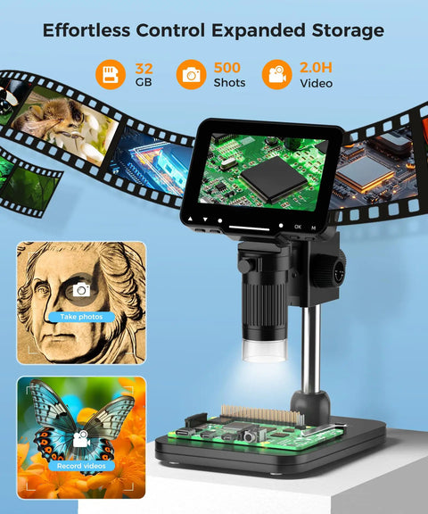 Handheld Digital Microscope for Coins With Light and HD Screen, 4.3 Inch LCD, 1000x Magnification, 1080p Video, Easy Focus Wheel, Perfect for Mint Marks, Coin Nerds, Surface Detail, and Coin Collecting on stand