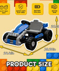 2 In 1 Ride On Car For Kids With Buildable Blocks, blue, go-kart style, 12V battery, LED lights, four-wheel suspension, dimensions shown.