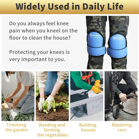 Waterproof Leatherette Knee Pads For Men showcasing usage in gardening, construction, and car repair environments