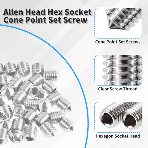 Top Tier 50 Piece M3 X 6mm Allen Hex Socket Set Screws Cone Point Grub Bolts 304 Stainless Steel close-up of cone point and hex socket heads.