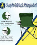 Lightweight Outdoor Folding Camping Chair With Cup Holder And Adjustable Armrests Kick Back Comfort Portable Tailgate Ready Quad Style Chair For Beach Park Sporting Events Camping And Yard Green shown with comfy armrests and mesh cup holder.