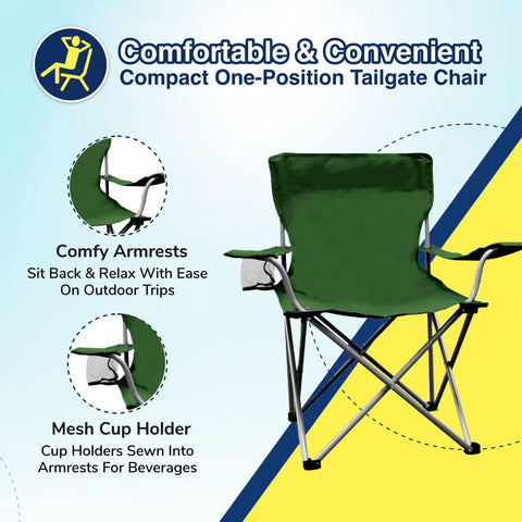 Lightweight Outdoor Folding Camping Chair With Cup Holder And Adjustable Armrests Kick Back Comfort Portable Tailgate Ready Quad Style Chair For Beach Park Sporting Events Camping And Yard Green shown with comfy armrests and mesh cup holder.