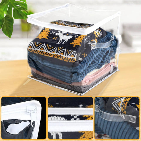 Set Of 15 Clear Cube Storage Bins 14 Inch Square With Zippered Lids Foldable Closet Organizer For Sweaters with clothes inside