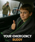 Child wrapped in the Go-To Rugged Wool Camping Blanket 70 Percent Wool, Fire Retardant, in a car during winter scene