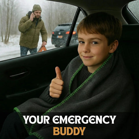 Child wrapped in the Go-To Rugged Wool Camping Blanket 70 Percent Wool, Fire Retardant, in a car during winter scene