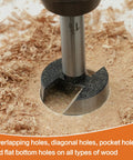 16 Piece Forstner Bit Set Heavy Duty Woodworking Drill Bits featuring precision ground tips drilling a clean hole in wood shavings.