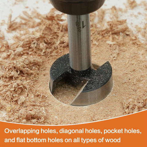 16 Piece Forstner Bit Set Heavy Duty Woodworking Drill Bits featuring precision ground tips drilling a clean hole in wood shavings.