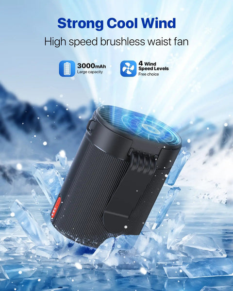 Ultra Strong 6600RPM Portable Waist Fan With 4 Speeds And 25 Hour Battery Life, featured on icy background