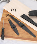 Six Pack Strap Hinges Set, 2 Inch Heavy Duty Shed Door Hinges with screws and tools, black iron construction on wooden boards