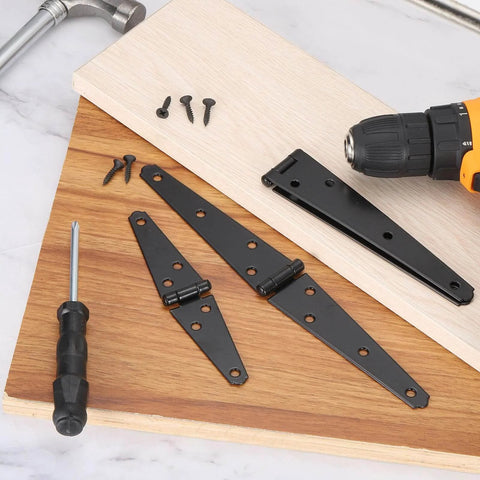 Six Pack Strap Hinges Set, 2 Inch Heavy Duty Shed Door Hinges with screws and tools, black iron construction on wooden boards