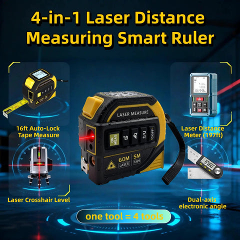 4 In 1 Laser Tape Measure With Level And 197 Ft Laser Distance Meter, 16 Ft Auto Lock Tape, black and yellow handheld tool on product display