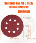 Top Notch 200 Pack 5 Inch Sanding Discs With Super Tough Aluminum Oxide And Sweet Hooks Loop For Smooth Orbital Sanding Jobs That Get Done Fast. Image of two 5 inch sanding discs showing grit numbers.