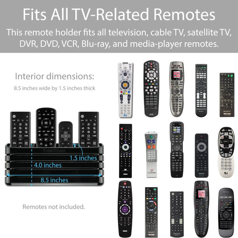 Hole Free Remote Holder Sticks To Wall Without Drilling Keeps 3 To 4 Remotes Handy, No Tools Required, Premium Black Modern Design With Removable Adhesive, Easy Install, Reusable Organization For Living Room Or TV Stand displaying remote compatibility chart