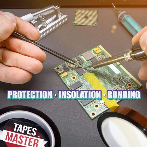 Soldering with Pro Grade One Eighth Inch Polyimide Kapton High Temperature Tape, amber color, on circuit board.