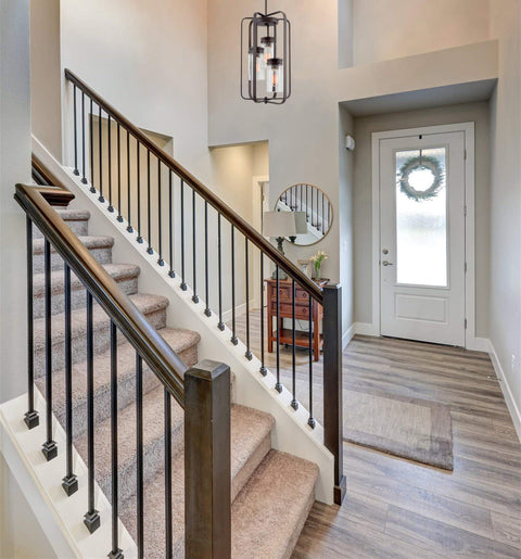 Entryway with Augustine Inspired 21-Inch Modern 3-Light Ceiling Pendant Chandelier, oil rubbed bronze finish, above staircase