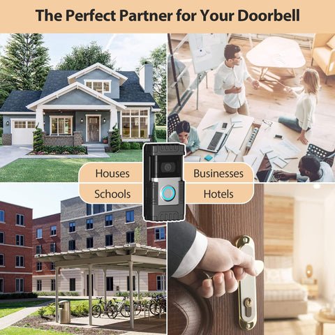 Anti Theft Video Doorbell Mount For Ring And Blink Models 1 2 3 3 Plus 4 2020 2023 And Blink 2021 No Drill Adjustable Bracket Wedge Adapter Holder Accessory shown installed in different settings like homes, businesses, schools, and hotels.