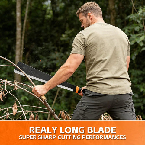 Person using Beast Mode Heavy Duty Sickle Machete For Yard Work And Bush Clearing 20 Inch Black Stainless Blade in forest