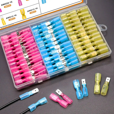 100Piece Heat Shrink Spade Connectors Kit With Crimping Tool For Electrical Projects Waterproof AWG 22 To 10 Spade Terminals