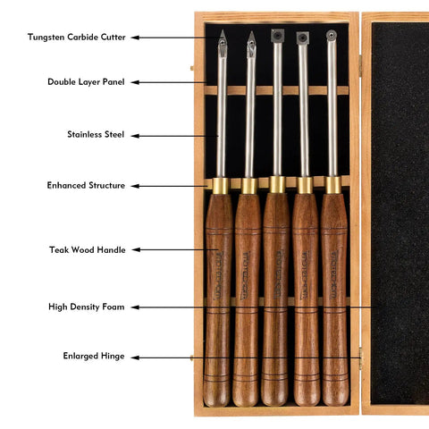 Badass Five Piece Wood Turning Lathe Chisel Set Featuring Rock Solid Tungsten Carbide Tips And Built Tough Square Stainless Handles with teak wood handles.