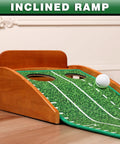 Inclined ramp of indoor and outdoor golf putting green mat with two holes for pro level putting practice at home or office.