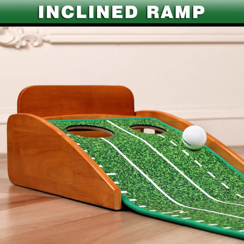 Inclined ramp of indoor and outdoor golf putting green mat with two holes for pro level putting practice at home or office.