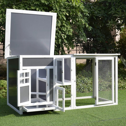 Outdoor Chicken Coop With Run And Nesting Box, Waterproof Roof, Removable Tray And Roosting Bar, white wooden hen house
