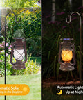 Outdoor Solar Lanterns 2 Pack Waterproof Bronze Flickering Flame Lights for garden patio showing day and night use