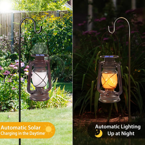 Outdoor Solar Lanterns 2 Pack Waterproof Bronze Flickering Flame Lights for garden patio showing day and night use