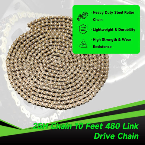 Beefed Up 25H Roller Chain, 10 Feet, 480 Links, displayed coiled with text highlighting durability and resistance.