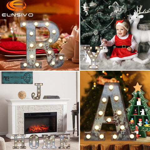 Rugged Rust Finish Led Marquee Letters Vintage Industrial Wall Deco With Glowing Bulbs in various festive settings.