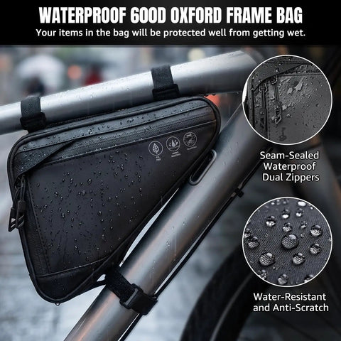 Water Resistant Reflective Bike Frame Storage Bag with waterproof zippers attached to a bike frame, highlighting dual pockets