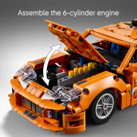 Close-up of Technic Fast and Furious Toyota Supra Mk4 Building Kit showcasing 6-cylinder engine assembly with open hood