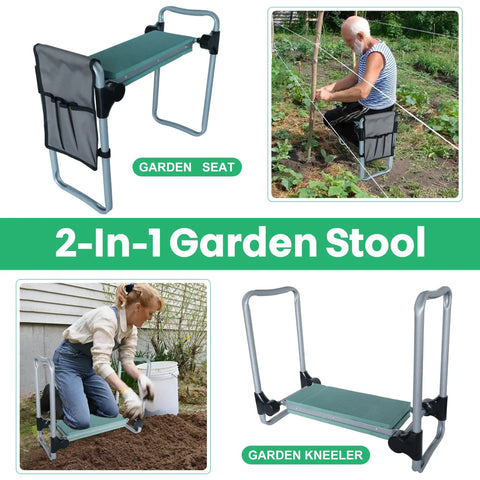 Heavy Duty Foldable Garden Kneeler And Seat Stool With Tool Pocket And Soft EVA Kneeling Pad for seniors, shown in use and standalone.