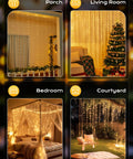 300 LED Curtain String Lights 9.8 Ft By 9.8 Ft Warm White USB Powered with 8 Modes and Remote installed in various rooms