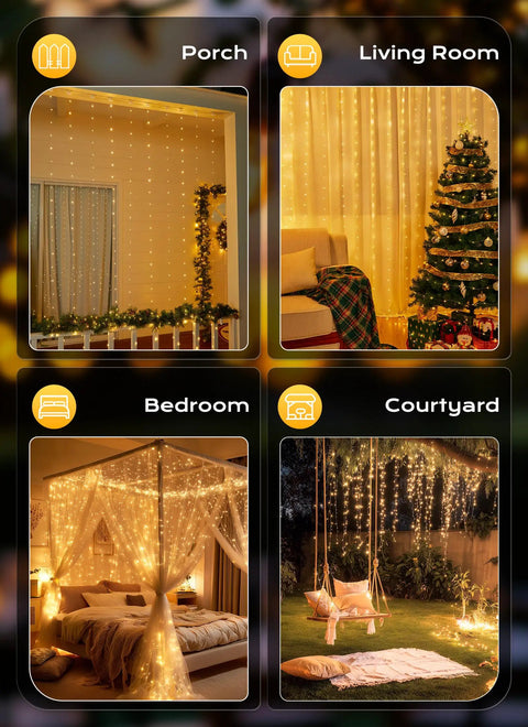 300 LED Curtain String Lights 9.8 Ft By 9.8 Ft Warm White USB Powered with 8 Modes and Remote installed in various rooms
