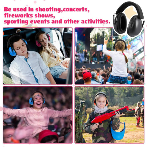 Collage of kids and adults using 12 Pack Kids And Adults Earmuffs For Noise Canceling 27 Decibels Ear Protection at events