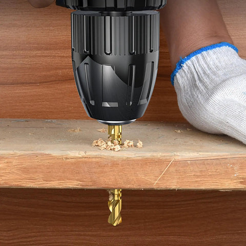 Titanium Coated HSS Twist Drill Bit Set For Woodworking With Hex Shank drilling into wood, visible serrated cutting edge.