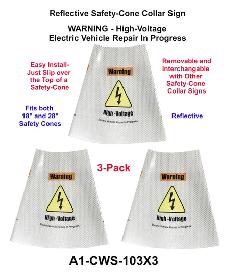 Heavy Duty Reflective Safety Cone Collar Kit For Electric Vehicle Repair Warnings High Voltage Ev Battery Hazard Alerts And Garage Shop Essentials 3 Pack showing three reflective collars for safety cones.
