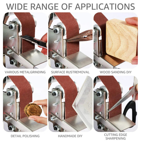 Compact Mini Belt Sander Pack A Punch With Quick Adjust Speed Dial multifunctional electric polisher showing various applications.