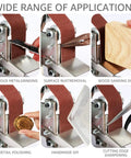 Boss Level Mini Belt Sander And Bench Grinder Featuring Seven Adjustable Speeds With Silent Double Bearing Motor For Smooth Metal Polishing Jewelry Crafting And Zero Sweat Knife Sharpening Work applications in metal grinding, wood sanding, and detail polishing.