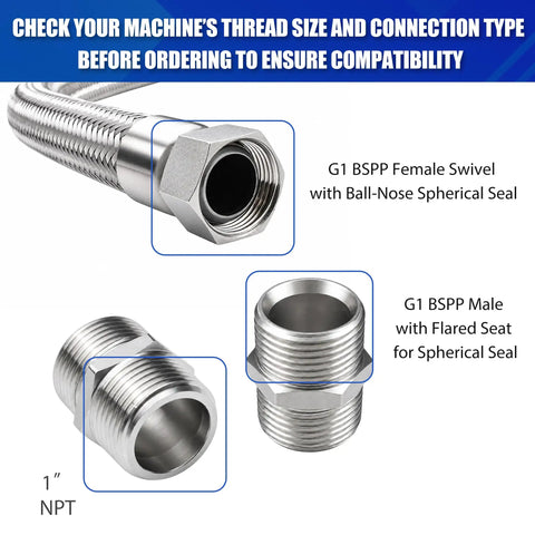 Rock Strong Stainless Steel Air Compressor Jumper Hose with 1" NPT male thread, BSPP female swivel, and spherical seal.