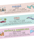 Must Have 21 Spanish Language Geography Countries Placard Label Set For Classroom Learning Great For Pre K Through 12 Students And Teachers 12 By 3 Inches Made In USA showing labels for Panama, Cuba, Dominican Republic with maps and icons.