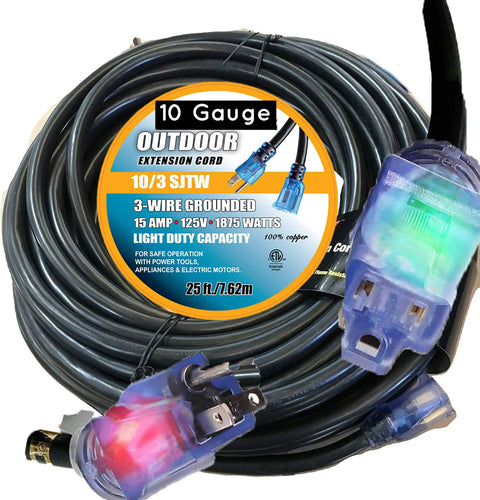 25 Foot 10 Gauge Extension Cord With Lighted Ends Contractor Grade Heavy Duty 15 Amp 125 Volt 1875 Watt Indoor Outdoor Use UL Listed Tangle Resistant Durable