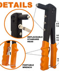 Close-up of Workhorse hand riveter from 225 Piece Black Aluminum Blind Rivets Assortment Kit showing steel forging and rubber handle features