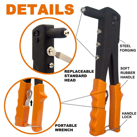 Close-up of Workhorse hand riveter from 225 Piece Black Aluminum Blind Rivets Assortment Kit showing steel forging and rubber handle features