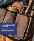Waxed Canvas Garden Tool Tote With Eight Exterior Pockets, Heavy Duty Tool Bag Storage Organizer, close-up with tools in pockets