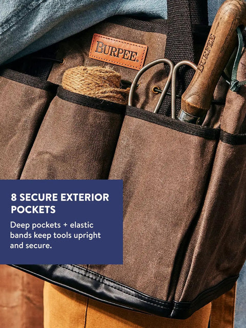 Waxed Canvas Garden Tool Tote With Eight Exterior Pockets, Heavy Duty Tool Bag Storage Organizer, close-up with tools in pockets